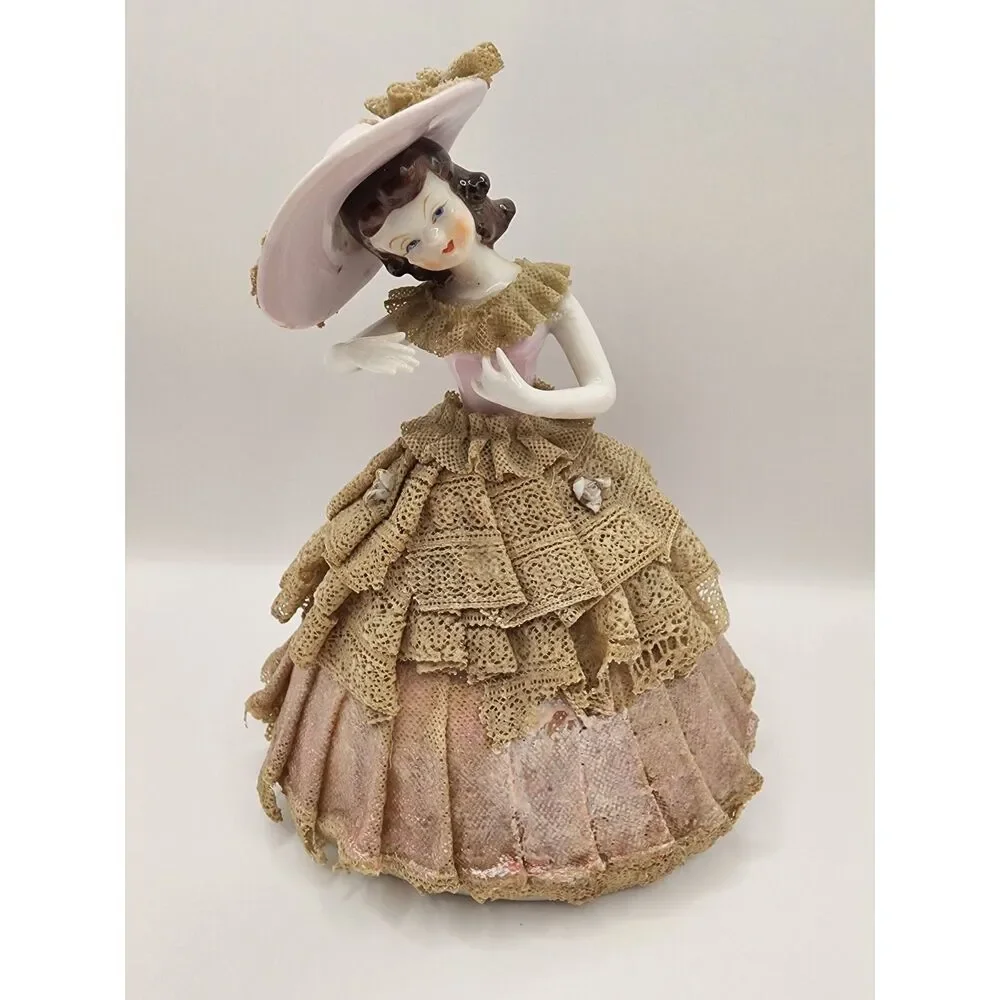 Vintage Porcelain Lace Lady Figurine Iridescent Pink Gold Roses 5 inches